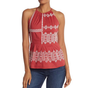 New Joie Sz 2 Konomi Geometric Embroidered Halter Peplum Tank Top High Neck Red